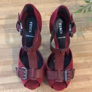 FENDI burgundy buckle platform heels